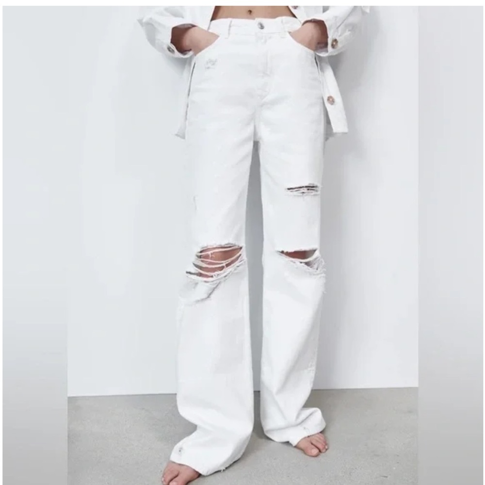 Zara wide leg distressed white jeans.
